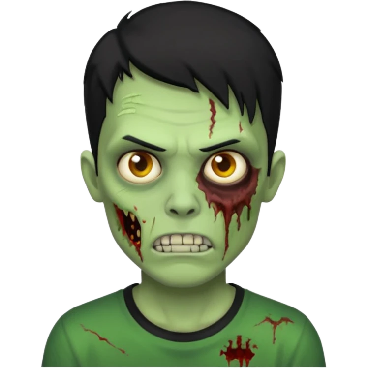 Zombie Emoji AppleIOS Style, lowfade Black Hair, and Black T-shirt, Green Skin, normal expression emoji