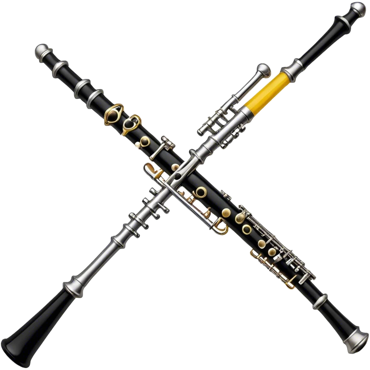 Create an elegant and detailed emoji depicting a black oboe with a cane. The design should showcase the smooth finish of the dark wood oboe with the metal keys clearly visible. A yellow thin bamboo cane should be carefully placed at the top of the instrument, emphasizing its important role in creating sound. Add subtle details such as silver or brass inserts on the keys to emphasize the high quality of the instrument. Use deep black, silver, and wood tones for the oboe to emphasize its refined appearance. The background should be transparent. emoji
