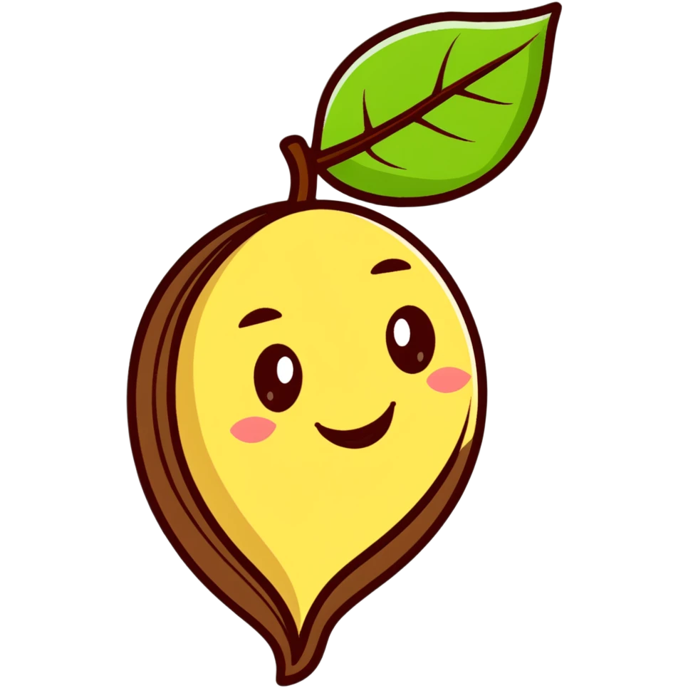 cartoon style tonka bean with a leaf, smiling face emoji