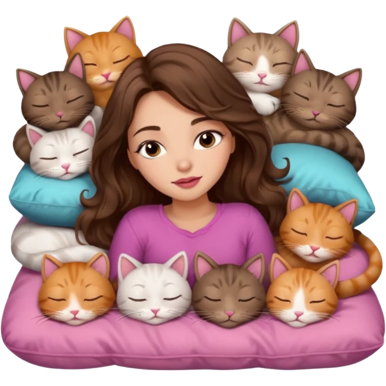 girl with long wavy brown hair, brown eyes, long lashes makeup, sexy pink lips, light to medium complexion,  sleeping on a cozy pillow, with 6 cats, sleeping emoji