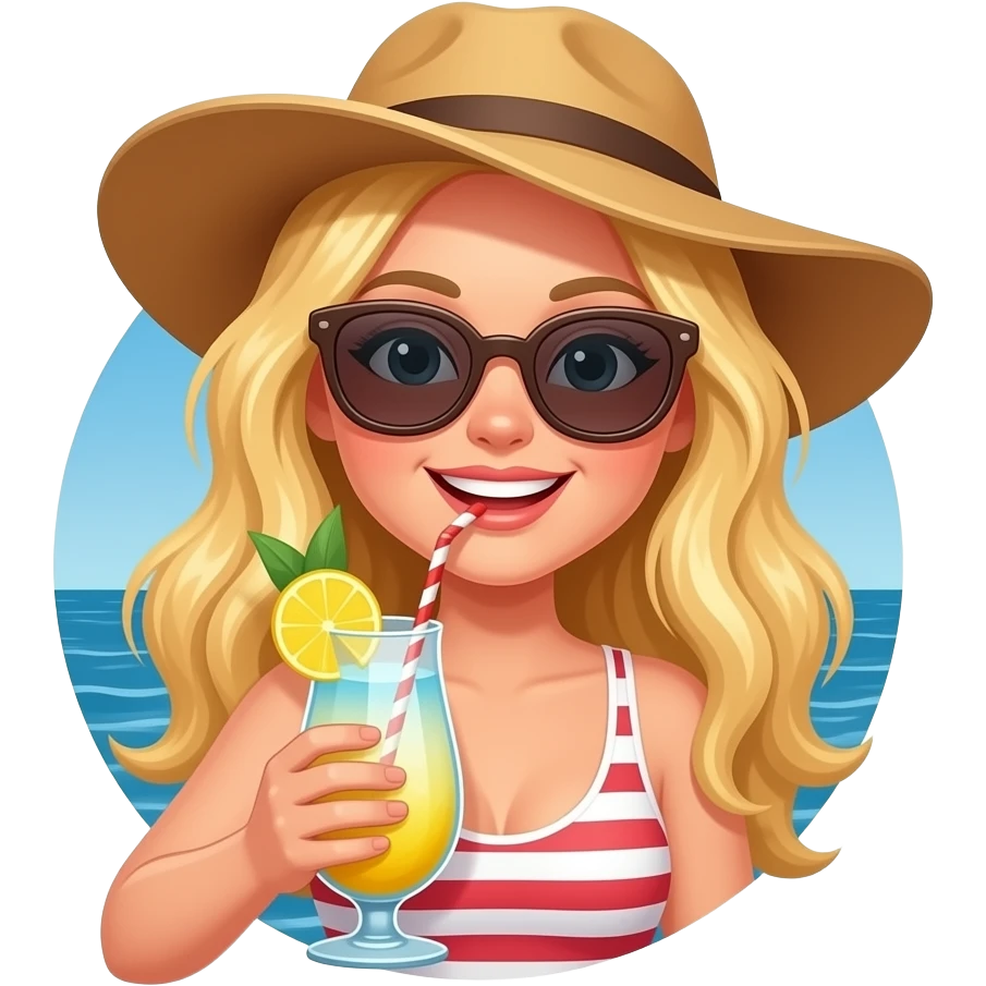 on a vacation boat flowy blonde hair relaxing drinking pina colada emoji