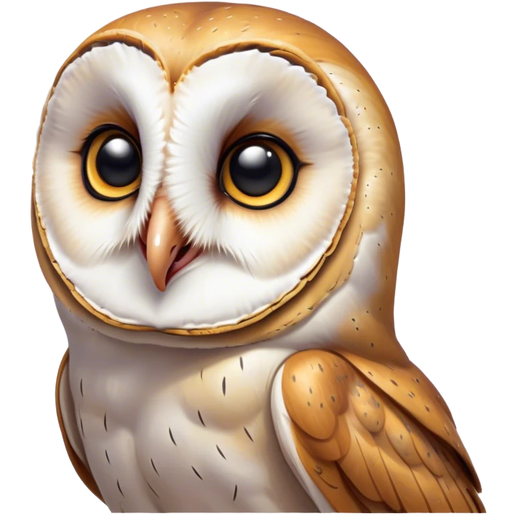 Cinematic Comical Barn Owl Portrait Emoji, Head tilted dramatically with an exaggeratedly amused expression, featuring a striking mottled plumage with bold contrasts, wide, expressive amber eyes filled with playful disbelief, Simplified yet hilariously expressive features, highly detailed, glowing with a slightly sassy glow, high shine, dramatic yet playful, stylized with an air of cheeky nocturnal mischief, bright and endearing, soft glowing outline, capturing the essence of a spirited and over-the-top owl, so meme-worthy it feels like it could hoot its way into internet fame instantly! emoji