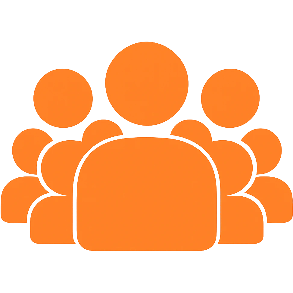 Increase the number of people inside the silhouette, ensure the shape is fully filled with no borders, and the color is exactly orange #fe6601, with a transparent background. emoji