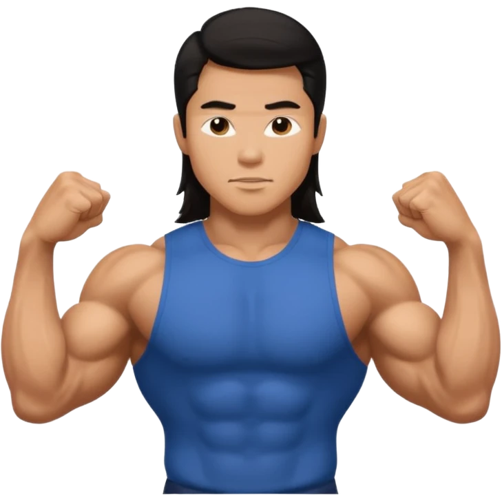 muscled asian guy showing biceps, long dark hair emoji