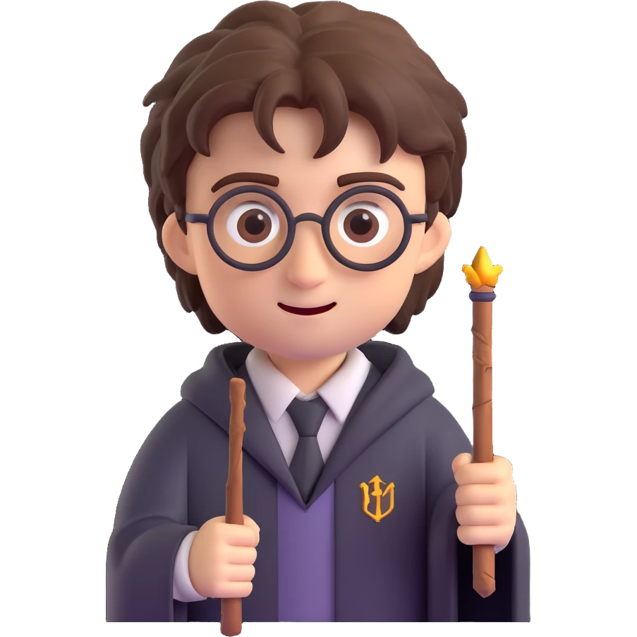 Harry Potter with messy hair and wand in 3D emoji style emoji