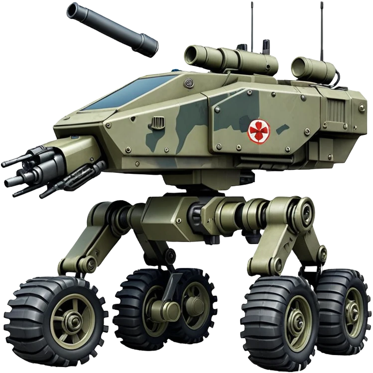 a roomy American 4-wheel armored medical personnel stealth camouflage army massive mech trail vehicle shooting forward side-hill leaning actively robotically articulating hydraulic independent suspended pod gimbal enemy mech off-road racing rover with large fast engine RC basher crawler megatron  emoji