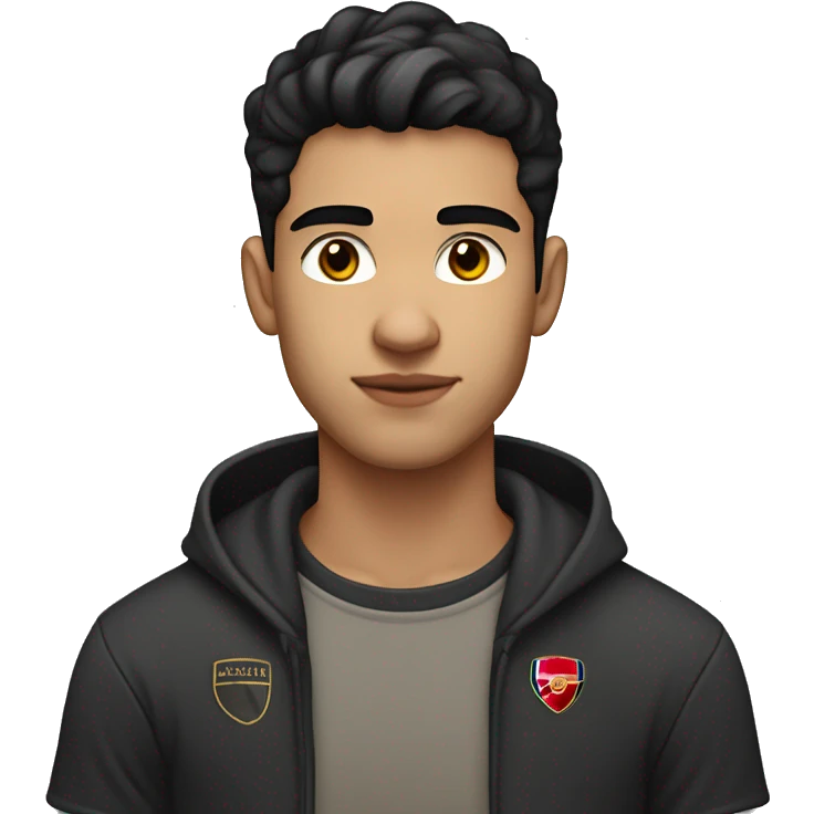 white skin 22 years old male with black hair and standard haircut also with brown eyes. Wearing an Arsenal t-shirt. Portrait mode emoji  emoji