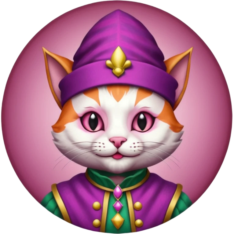 court jester cat medieval, single poker card joker clearly visible, pink, face only, round badge, court jester cap emoji