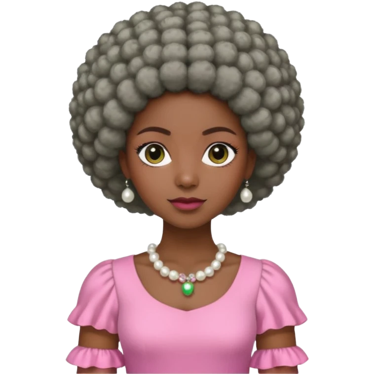 Brown woman with very short stylish gray Afro  wearing pink and green dress  and pearl blouse with sleeves emoji