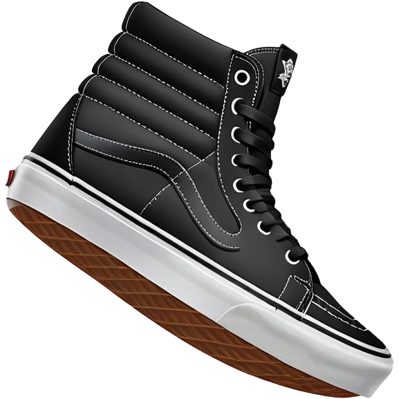 Ultra simplified pair of black Vans Sk8-Hi shoes in iOS emoji style, one positioned behind the other, flat colors, minimal design, essential details only emoji