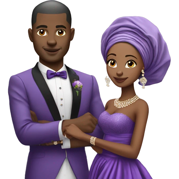 African bride and groom. Purple gele head wrap with purple off shoulder dress. No Turban emoji