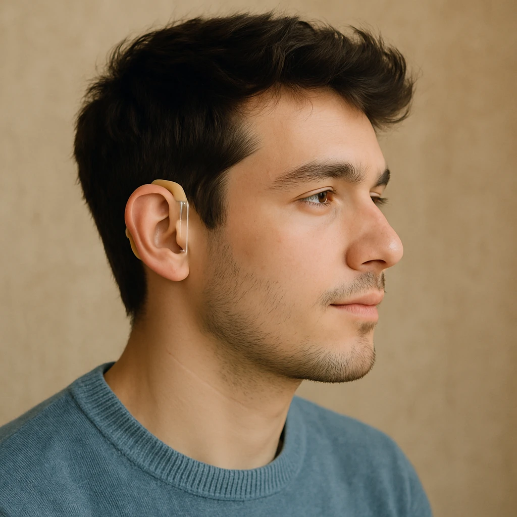 young man with hearing aid in this style emoji