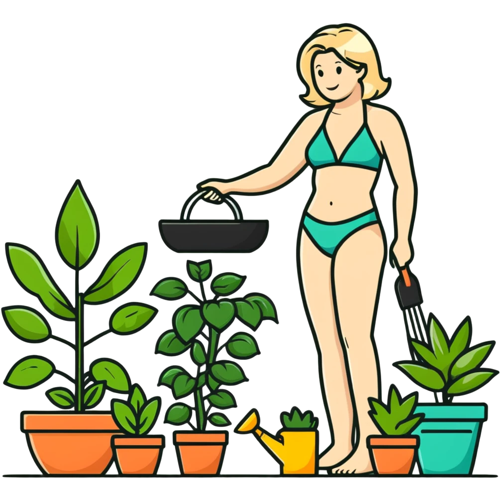 Martha Stewart in bikini gardening with plants emoji