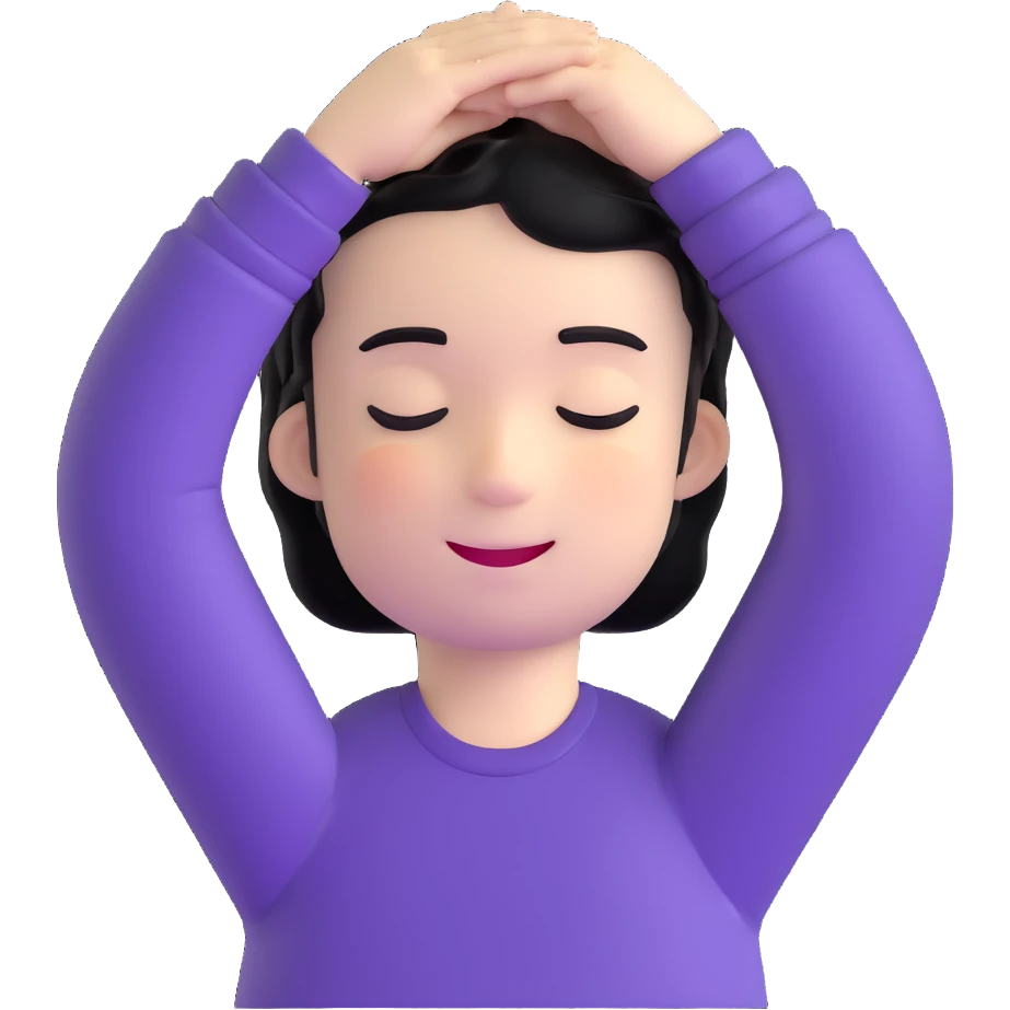 white boy smiling with right hand behind head, black hair, closed eyes emoji