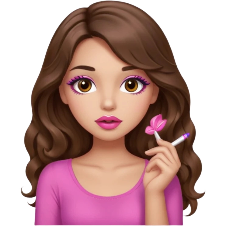 girl with long wavy brown hair, brown eyes, light to medium complexion, in a pink sexy top, pink lips, long lashes, shushing emoji