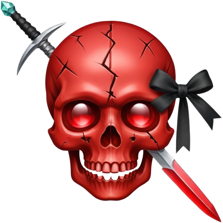 make me a red crystal skull partly see thew super gem like make it realistic and held together by a black bow and a small dager to the eye with cracks coming from it have the bow be loosly tied around the skull holding it together make the blade super realistic  emoji