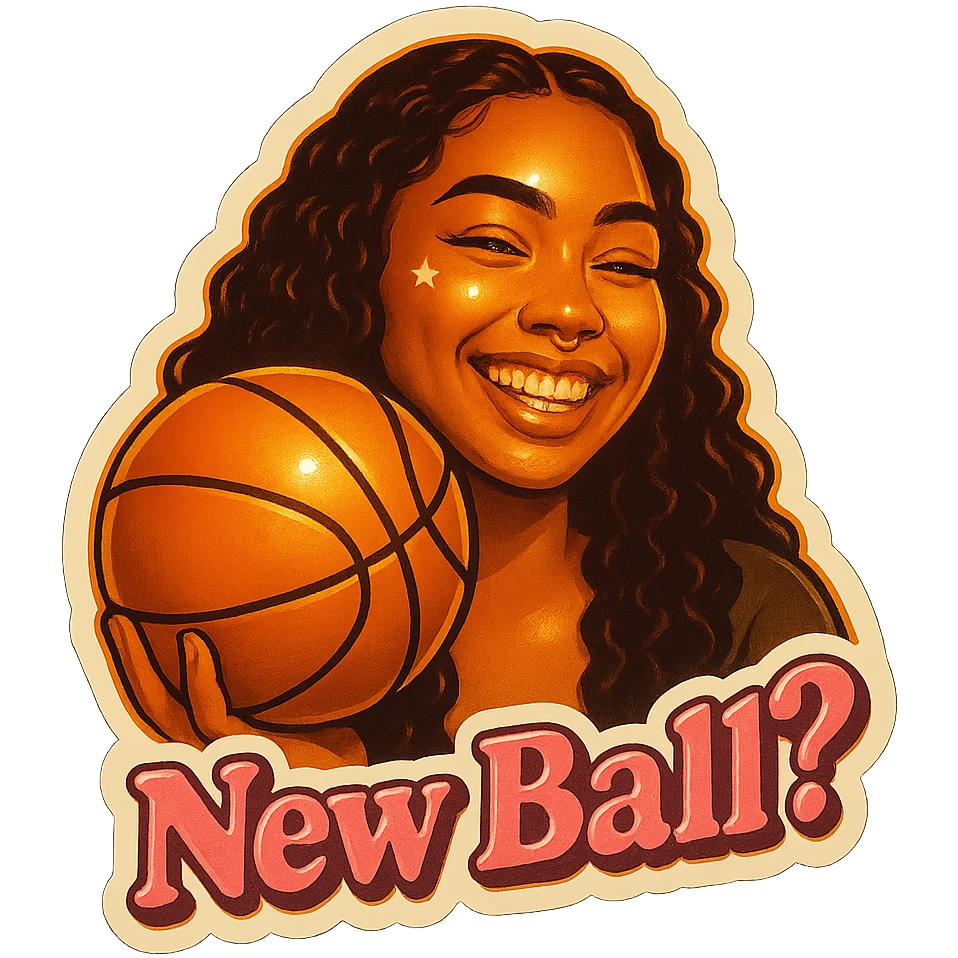 Grin golding a Basketball
add the words New Ball? in pink emoji