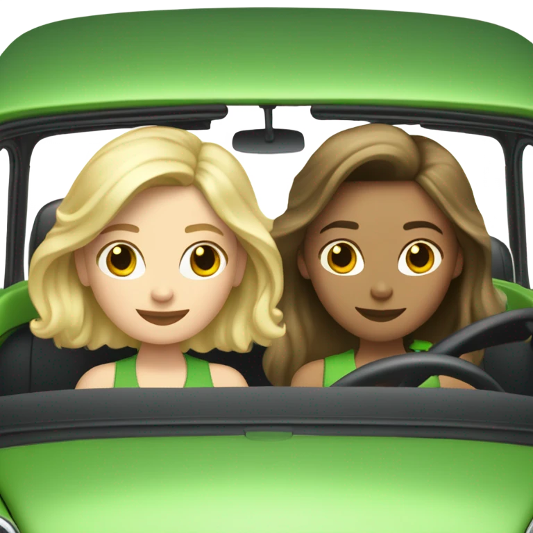 Two Caucasian, blonde girls and two Caucasian brunette girls in a green VW beetle convertible emoji