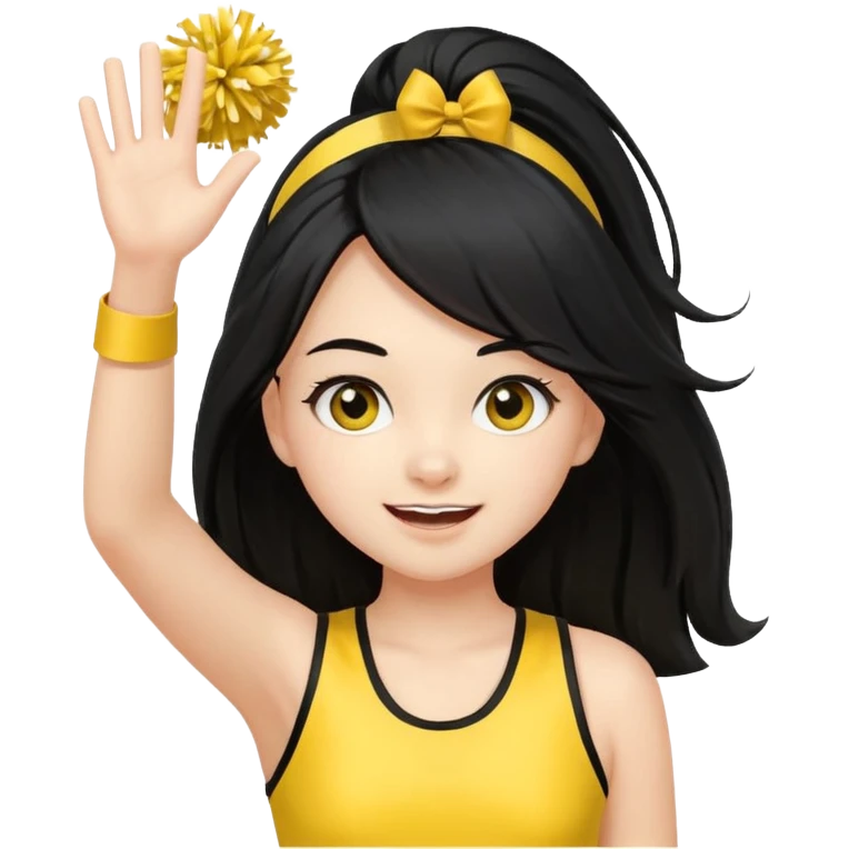 A long black hair teen girl waving pom-poms, eyes sparkling with excitement, yellow cheer leader top emoji