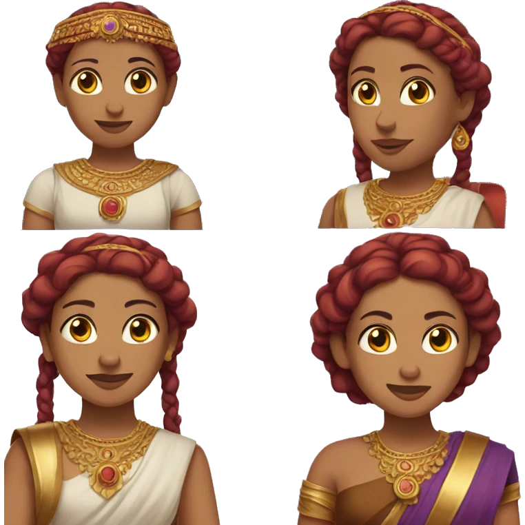 Indian woman with purple eyes, brown short hair with red braids and a gold circlet emoji