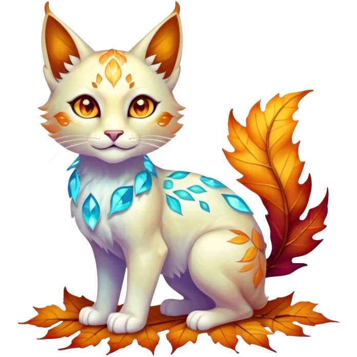 This fascinating hybrid creature combines the crystalline structure of a feline with the warm autumn foliage of a leaf being. Its core body maintains the sleek shape of a cat but is composed of translucent crystals that shift between turquoise blue and amber-orange hues. The creature's face features a blend of feline features with the gentle expression of the leaf being – sharp crystalline ears frame a round, friendly face with glowing purple-amber eyes. Most striking is how autumn leaves emerge from its crystalline body, forming a mane-like collar around its neck and sprouting along its spine and tail. These leaves shimmer with both crystalline properties and natural autumn colors – orange, gold, and deep red – with visible veining that occasionally pulses with energy. When the creature moves, the leaves rustle softly while the crystal body catches light, creating a mesmerizing display of nature and gemstone elements. full body emoji