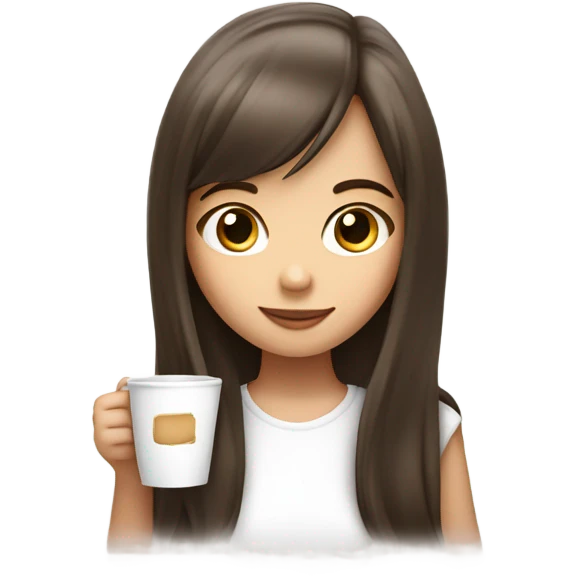 cute girl with brunette hair long and cute bang wearing a white top and drinking coffee  emoji