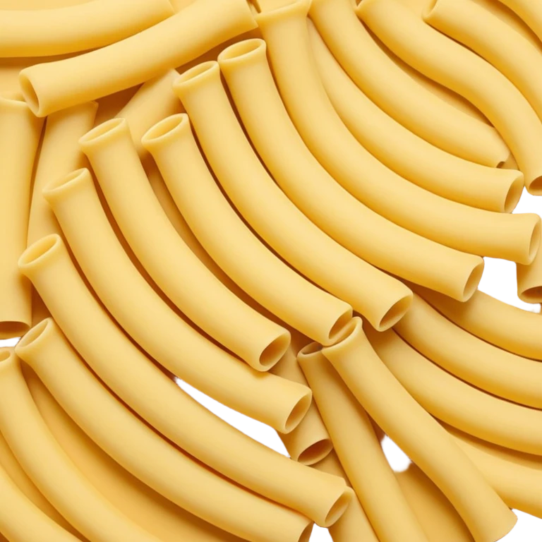 loose scatter of uncooked elbow-shaped pasta tubes in pale golden yellow, smooth matte texture, slightly curved forms, cleanly cut edges, surfaces subtly ribbed or plain, no plate, sauce, or packaging, soft lighting, subtle shadows, emoji scale emoji