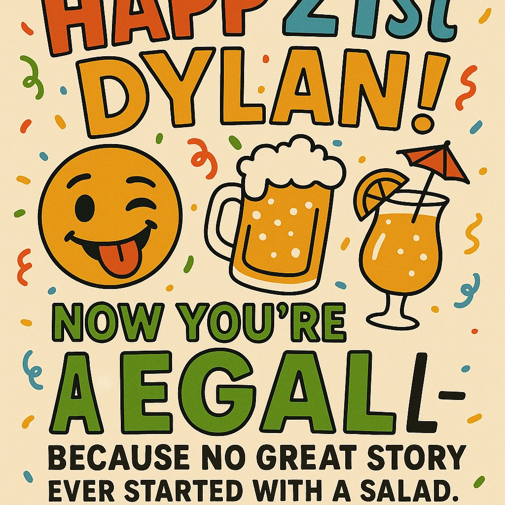 Add the funny drink quote: 'Alcohol—because no great story ever started with a salad.' Keep all original graphics and style. emoji