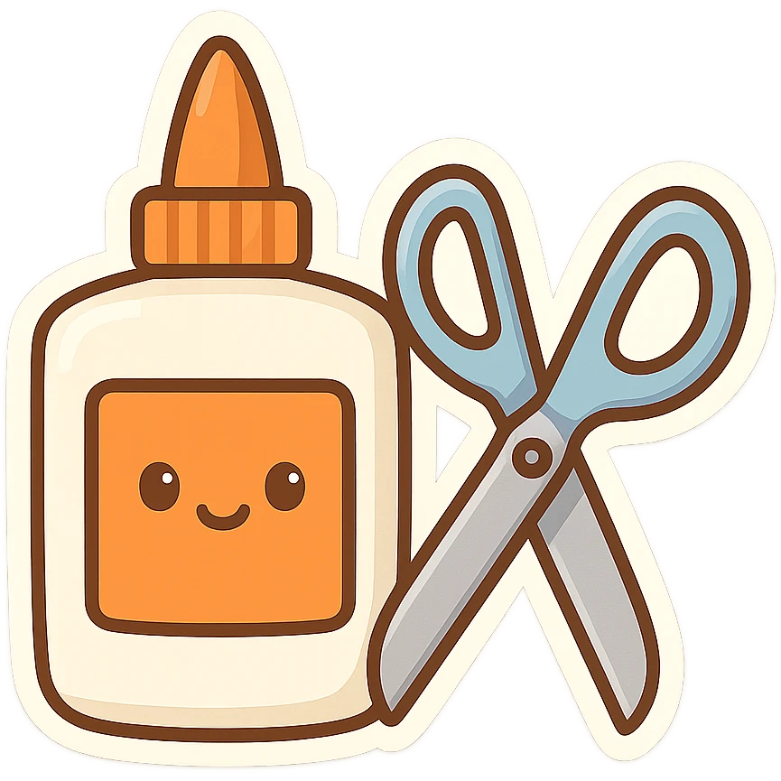 bottle of glue with orange label and tip and a pair of blue scissors, flat toon vector illustration emoji