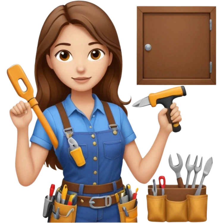 beautiful girl with long brown hair constructing new kitchen cabinets emoji