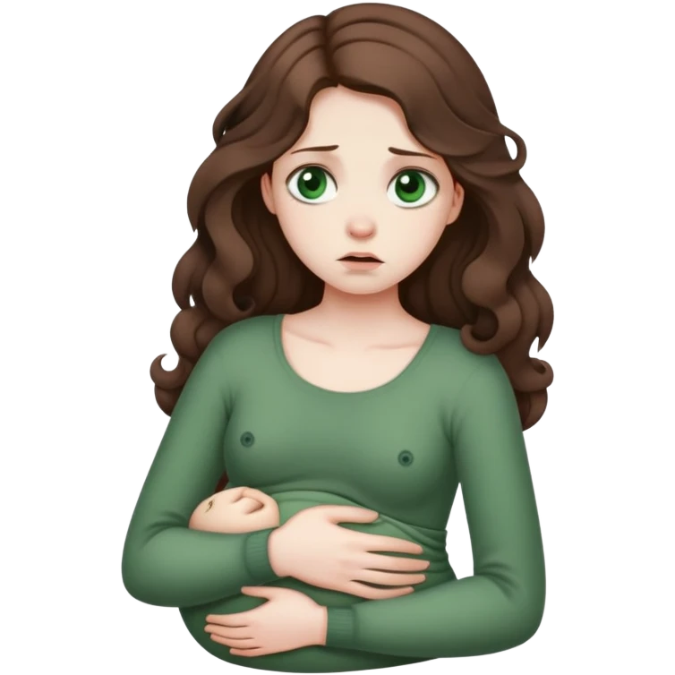 Sad Girl with curled brown long length hair and dark green eyes with belly ache emoji