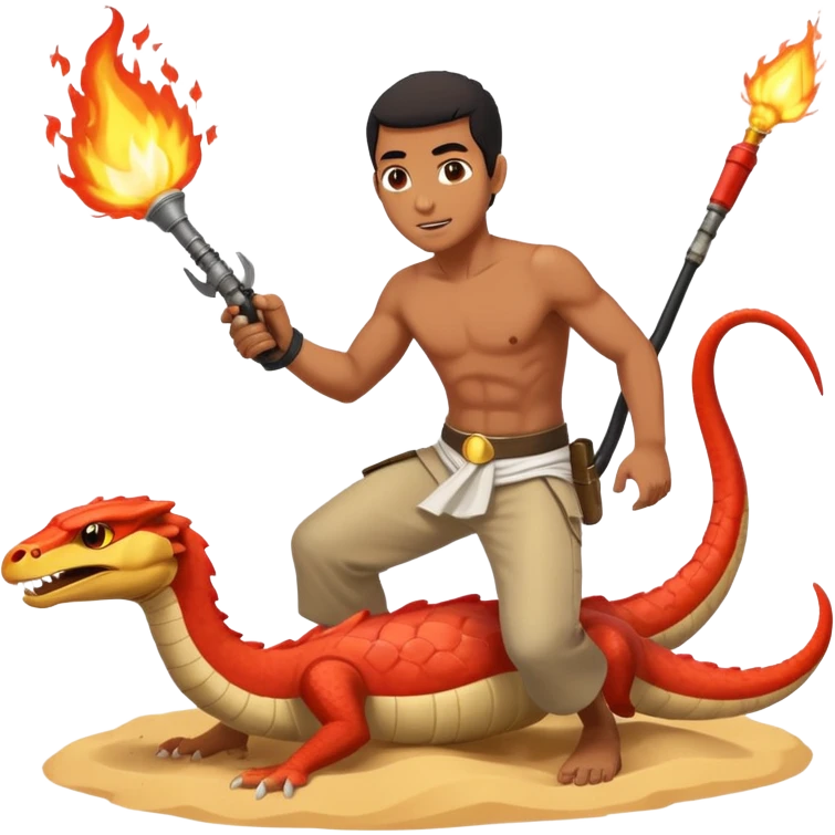 an egyptian man fighting a sand viper using a flamethrower emoji