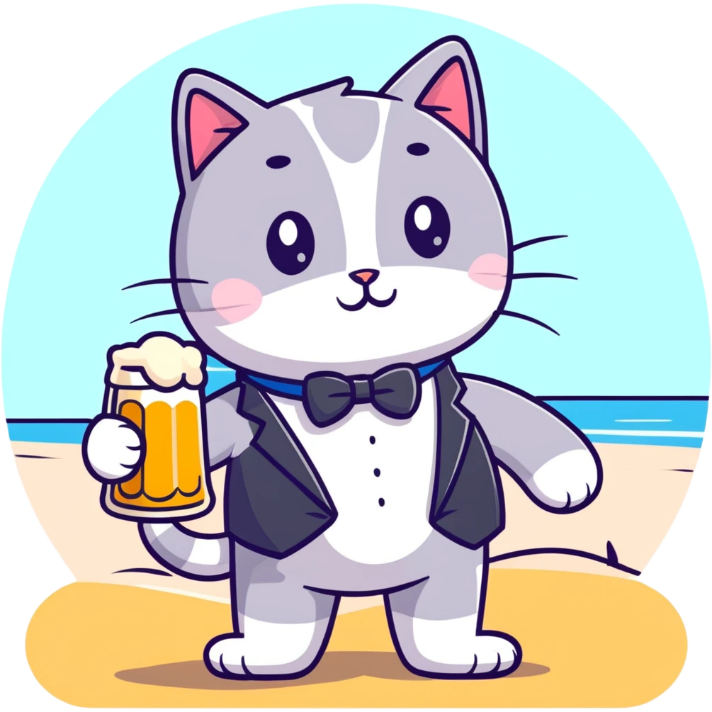 cat in a tuxedo drinking beer on the beach emoji