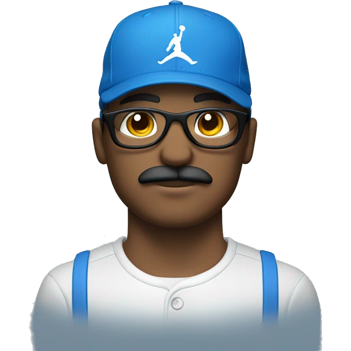 Homme blanc avec une moustache portant des lunettes bleues , une casquette jordan bleu , un survêtement bleu emoji