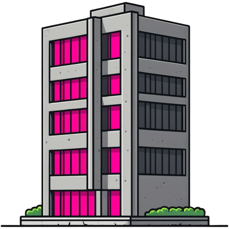 Brutalist gray concrete block building with one neon pink window emoji