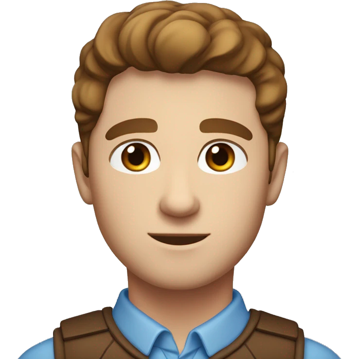 White Man with middle part brown hair, blue eyes, angled eyebrows and manly boyish appearance, handsome emoji