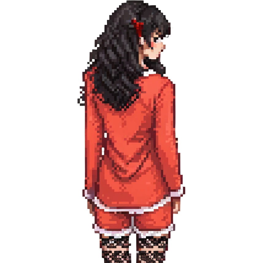 Girl from behind, wearing a red pajama with black and white lace, with curly black hair emoji