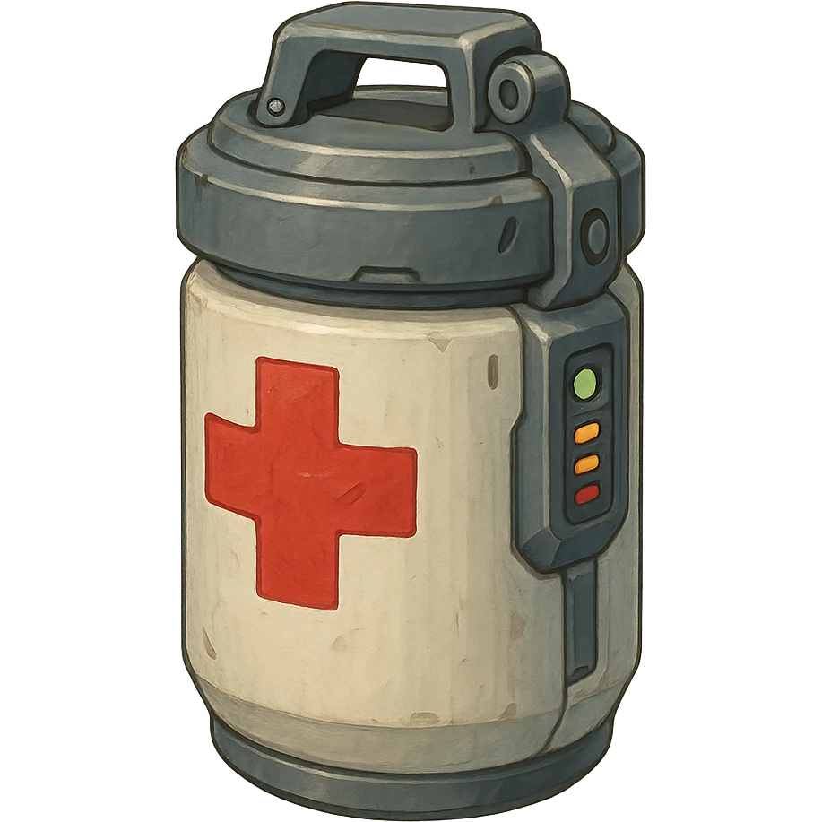 the image is the icon for a videogame insta-use item, it is a medpack- fututistic cyberpunk- resembles a canister with deadswitch grip and sensor, medical military clean plastic, opaque container, wide cylinder  emoji