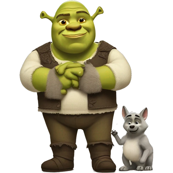 Shrek with a big baby holding hands with a wolf emoji