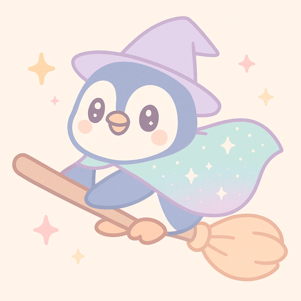 a playful penguin wizard flying on a broomstick, with a sparkling cape and magical effects emoji