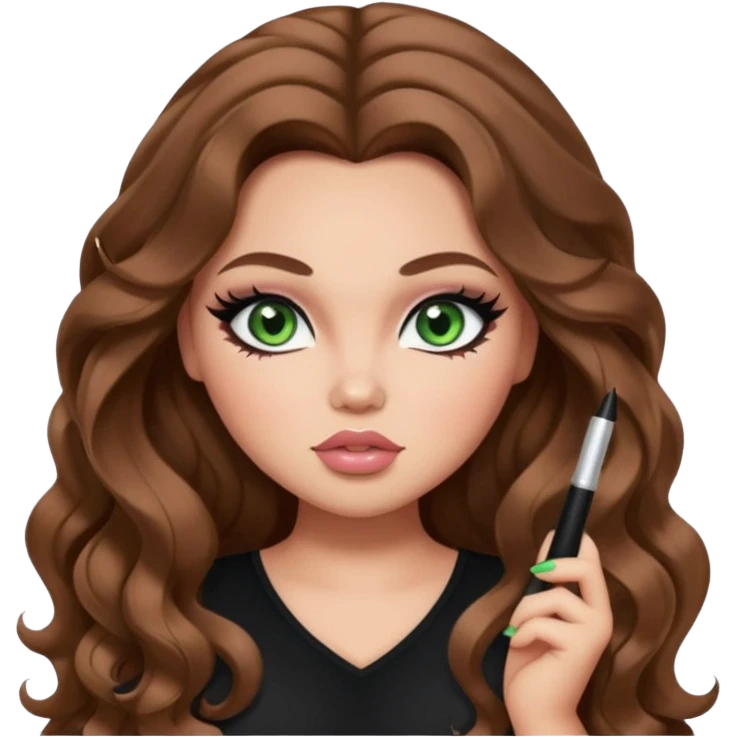  long brown wavy hair, light skin, green eyes, pretty bratz baddie, big plus size , black eyeliner, blush emoji