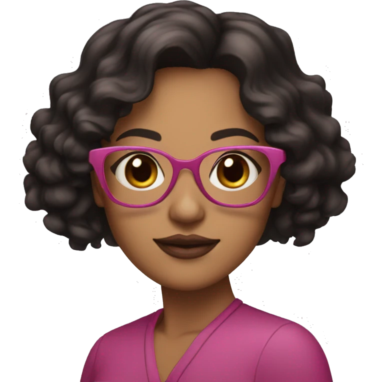 brunette woman with brown eyes, black, wavy hair, with pink glasses and short pink lips emoji