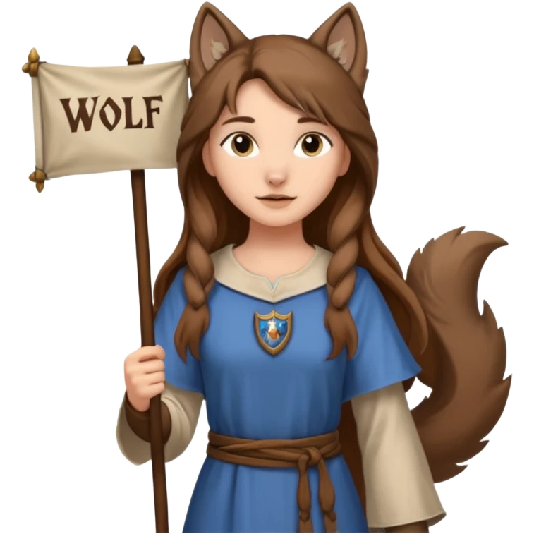 Medieval wolf girl holding a banner that say #Wolf99 emoji