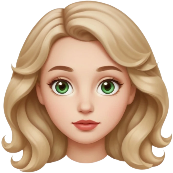 Generate an emoji of a white girl with a round face structure, light brown almost blonde loose curls, large forehead, brown arched brows, almond big green eyes with a lil blue in them, large rosy cheekbones and big rosy lips and a jawline emoji