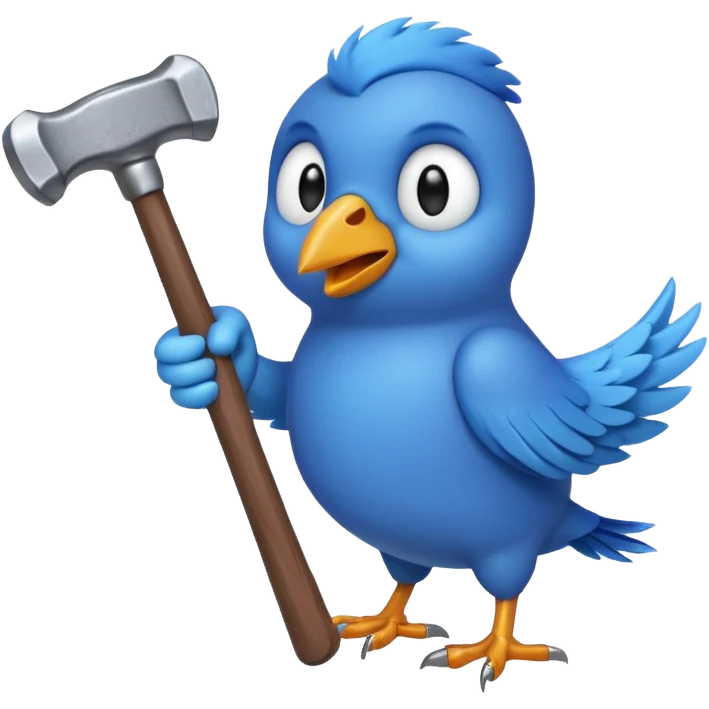 A blue Twitter bird holding a hammer emoji