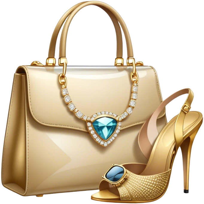 A photorealistic icon featuring luxurious fashion accessories like a high-end handbag, elegant high heels, a sparkling diamond necklace and a stylish pair of sunglasses. The design includes gold accents, purfume, and glamorous textures, fashion, and VIP luxury. Transparent background emoji