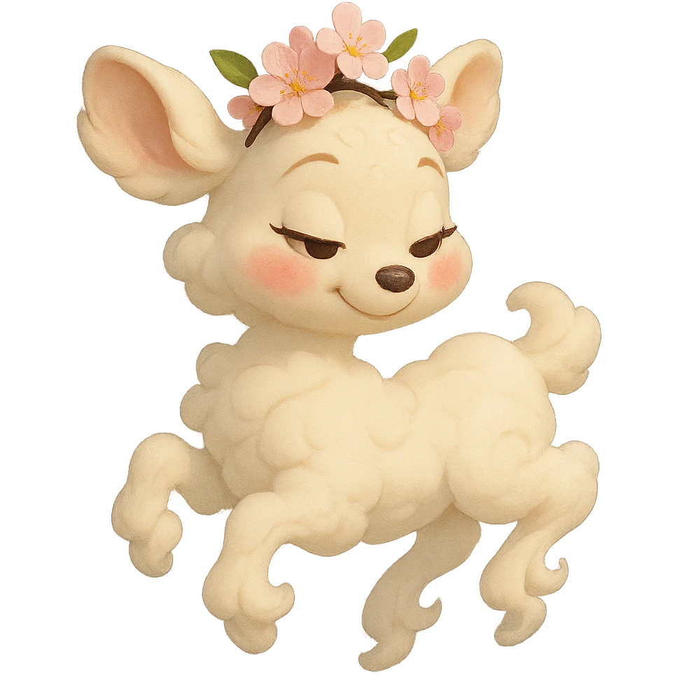 feminine vanilla cloud doe with rosy cheeks and cherry flowers on its head, floating gracefully, Pixar art style emoji