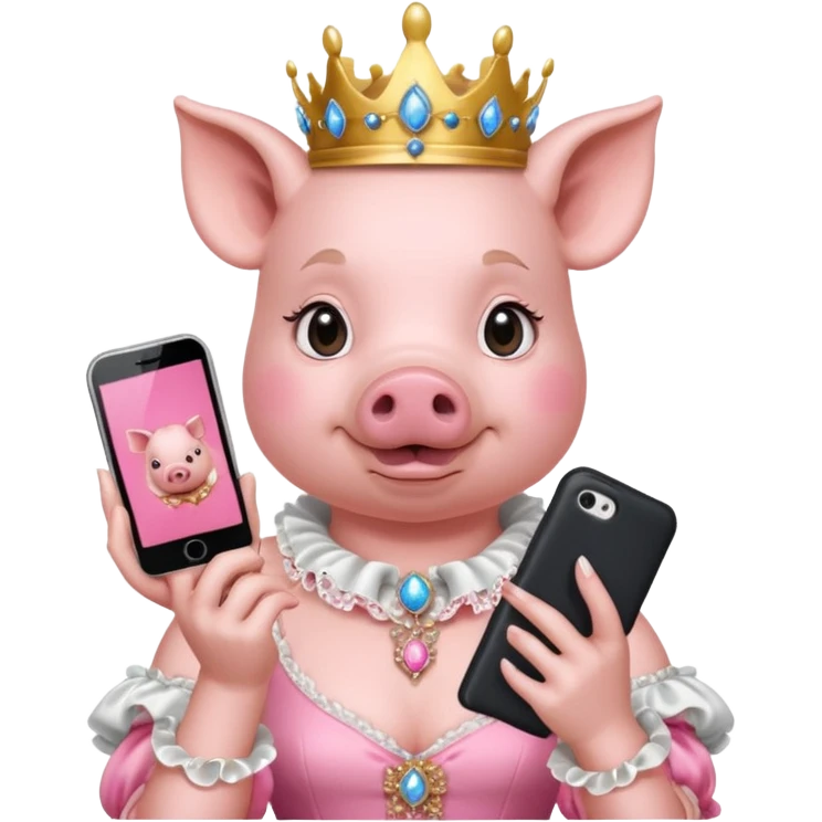 Pig princess in rococo finery holding a cell phone emoji