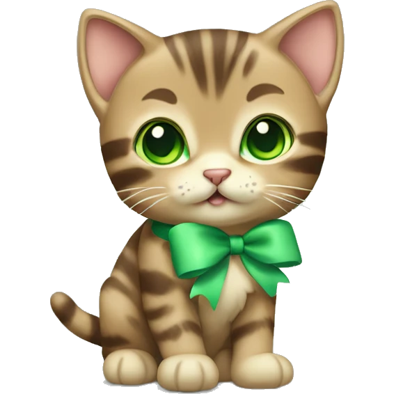 extremely cute kawaii brown tabby kitten with green eyes and pastel green bow full body emoji