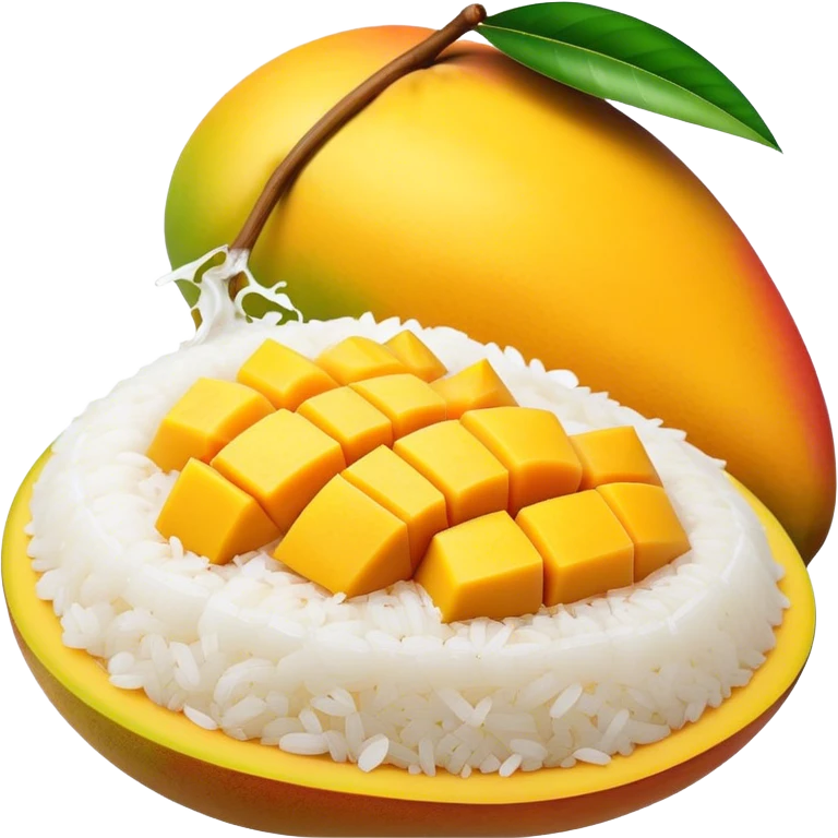 Cinematic Realistic Mango Sticky Rice Dessert Emoji, showcasing sweet sticky rice paired with ripe mango slices and coconut milk rendered with lifelike detail and warm, inviting lighting. emoji